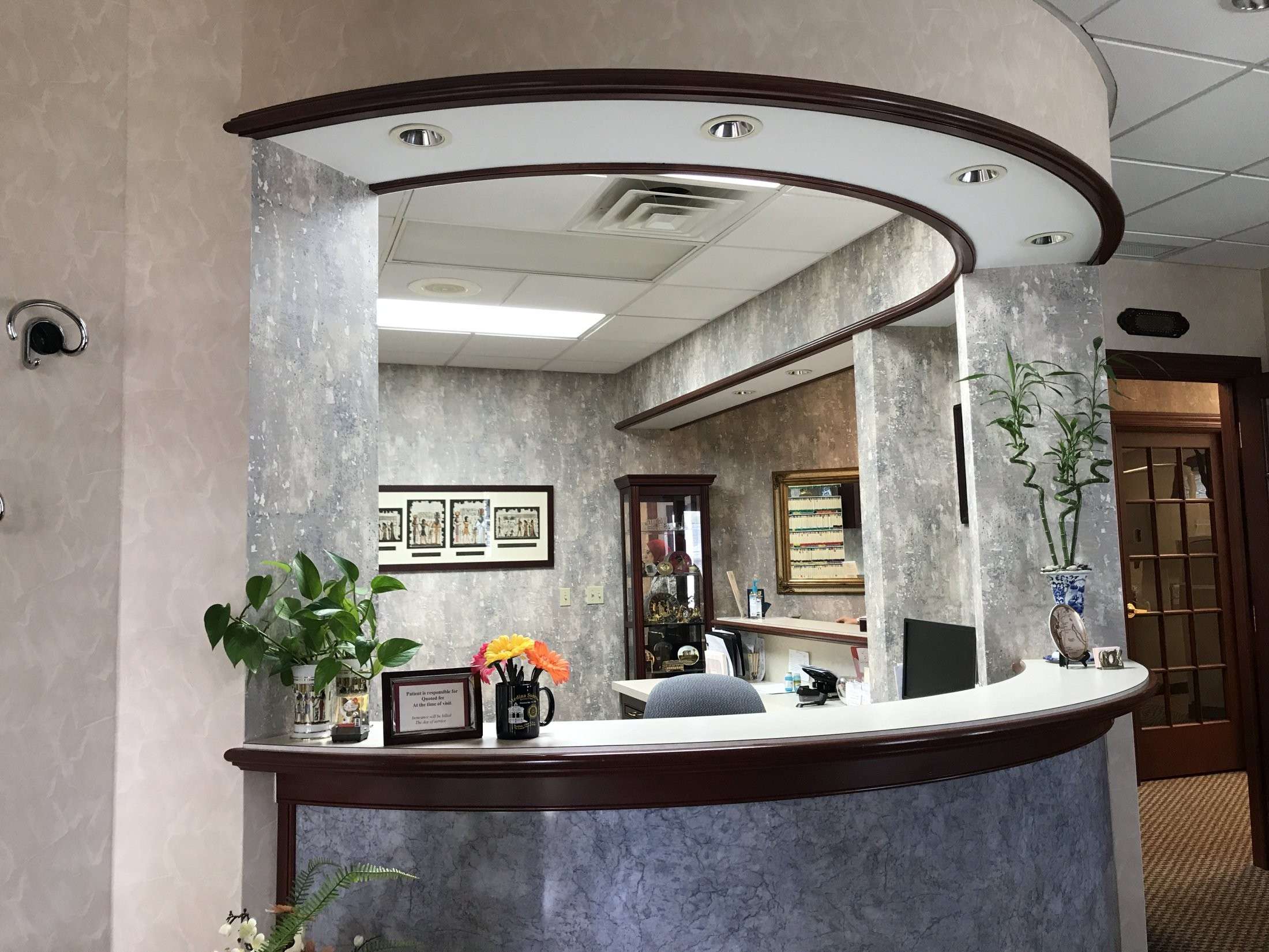 Our curved reception desk, with flowers and plants on the counter