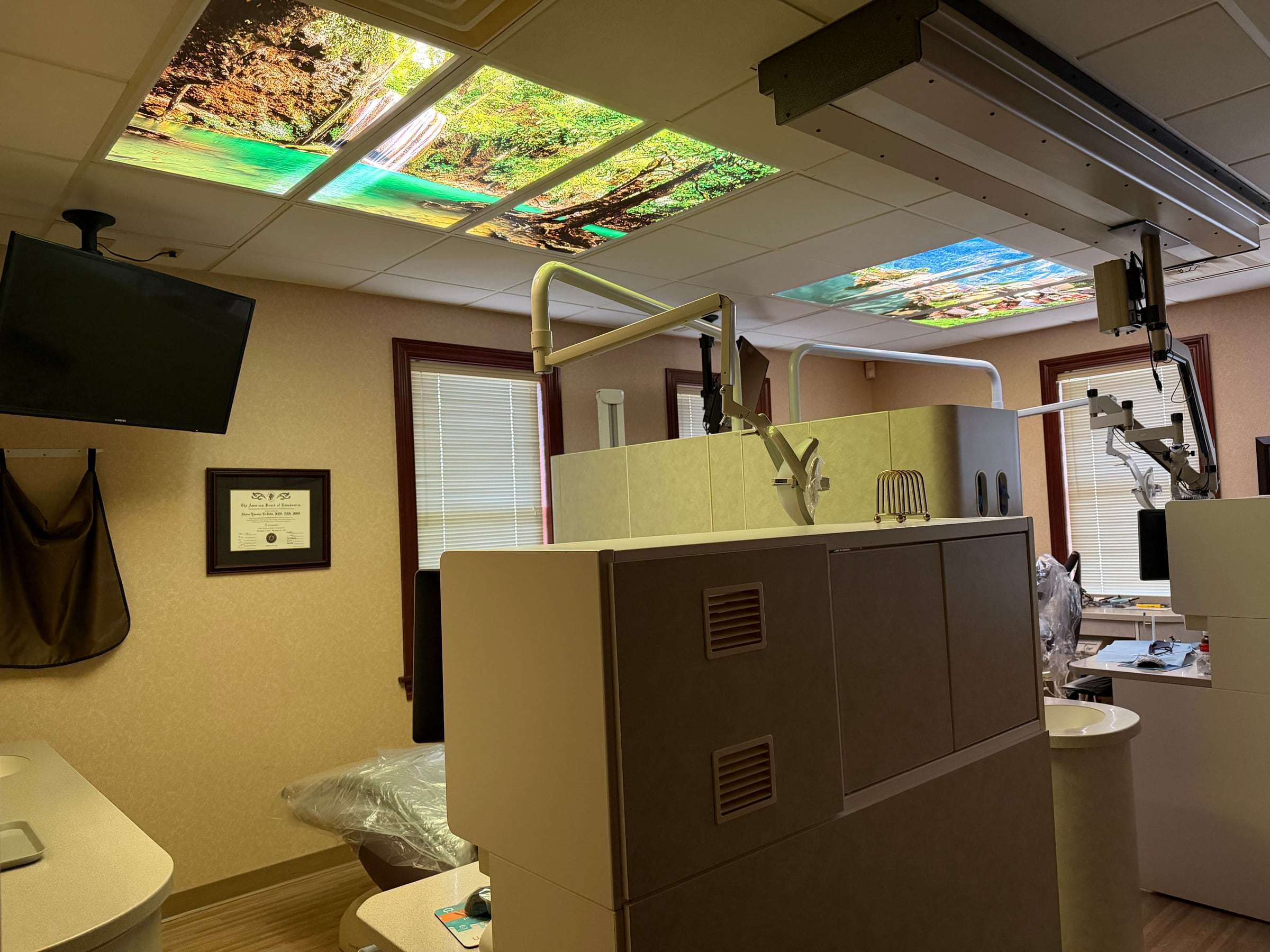 A treatment room under ceiling panels of waterfalls and forest