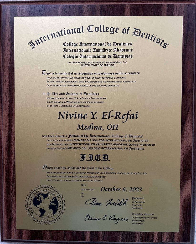 International College of Dentists award for Dr. Nivine Y. El-Refai